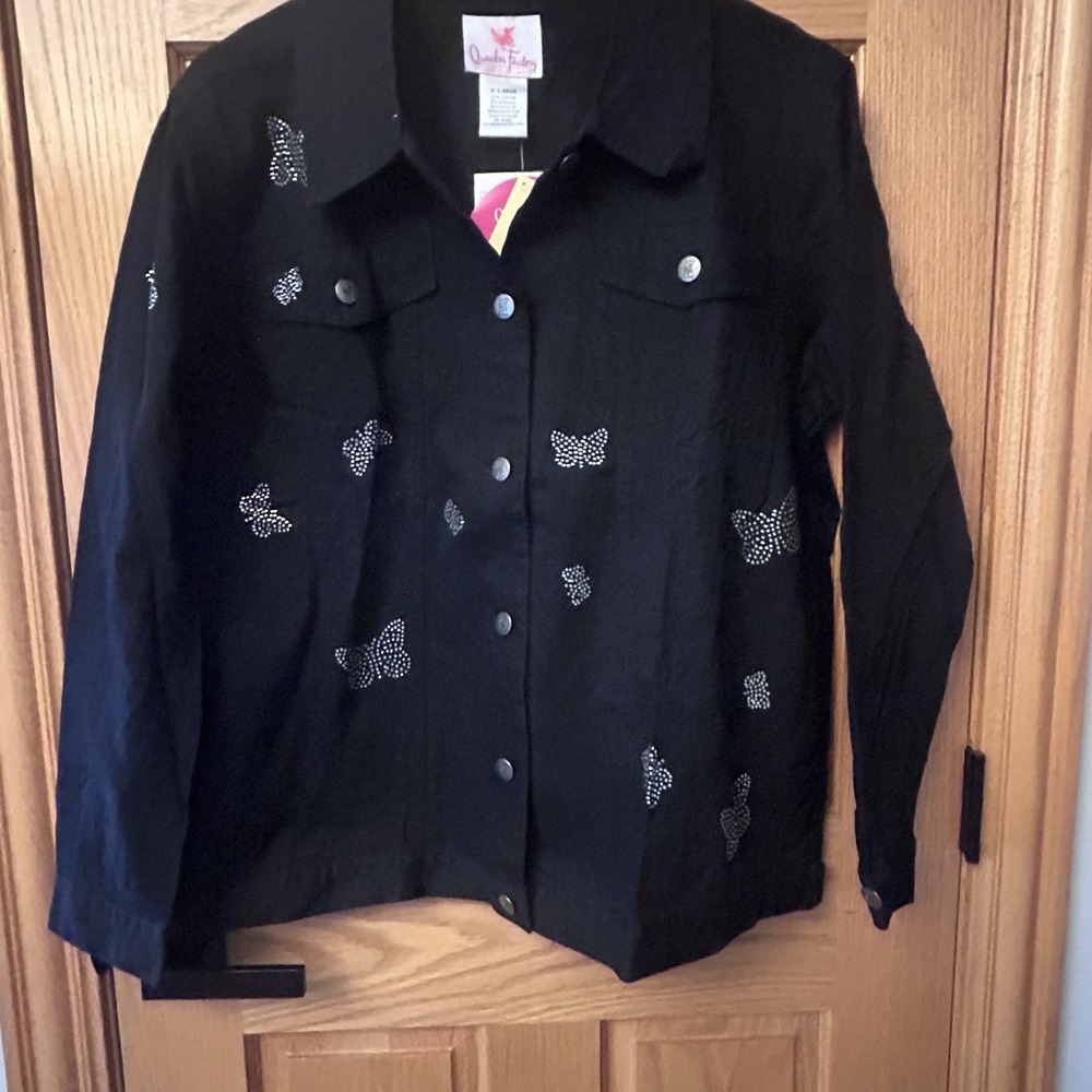 Quacker Factory Butterflies Embellished Stretch‎ Black Jean Denim Jacket Coat XL